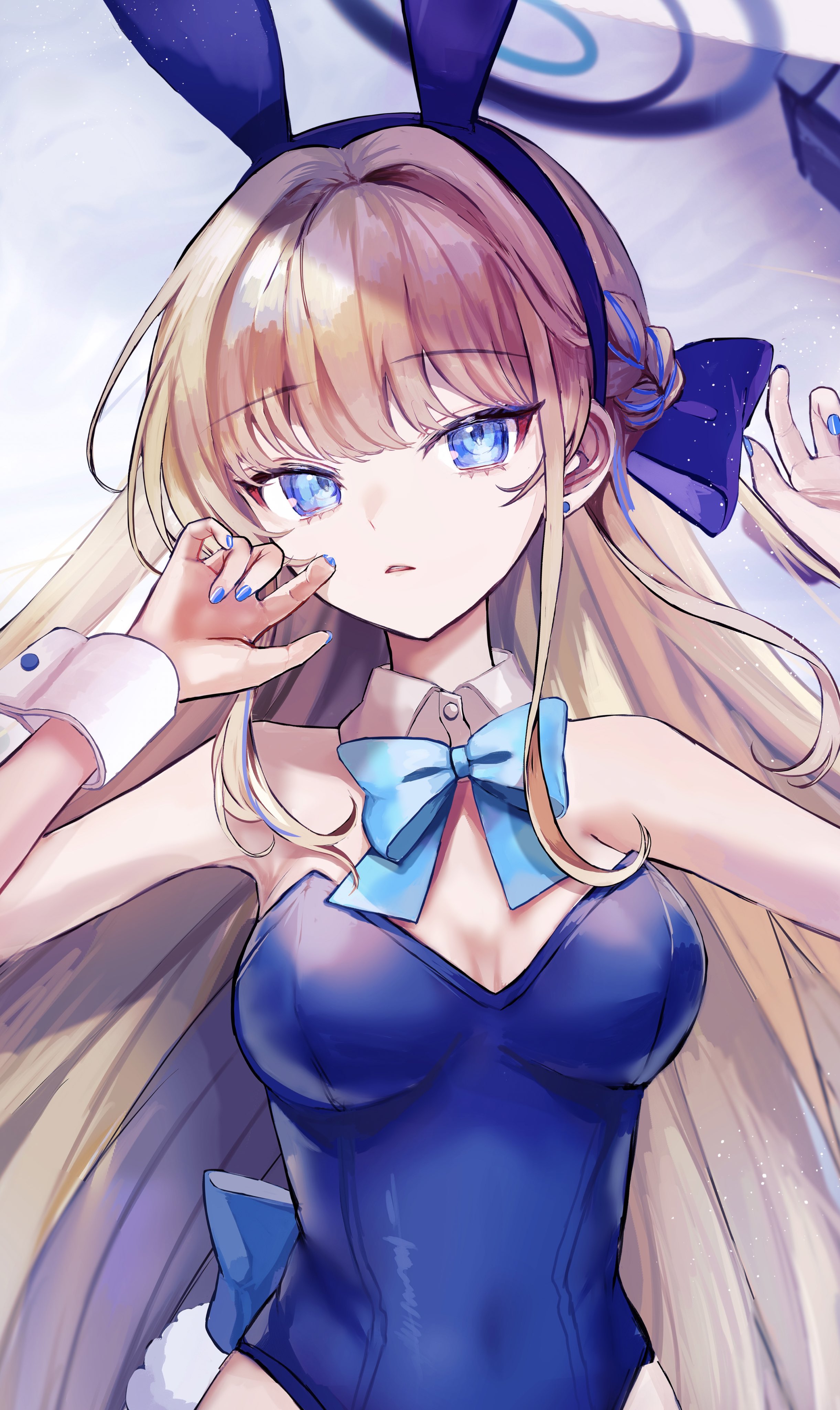 pipi (pipinavigation), toki (blue archive), blue archive, absurdres, commentary request, highres, animal ear hairband, animal ears, armpits, blonde hair, blue bow, blue bowtie, blue eyes, blue halo, blue leotard, blue nails, blunt bangs, bow, bowtie, breasts, breasts apart, detached collar, fake animal ears, hair intakes, hairband, halo, hands up, leotard, long hair, lying, medium breasts, on back, parted lips, rabbit ear hairband, rabbit ears, rabbit tail, sidelocks, straight hair, tail, white wrist cuffs, wrist cuffs