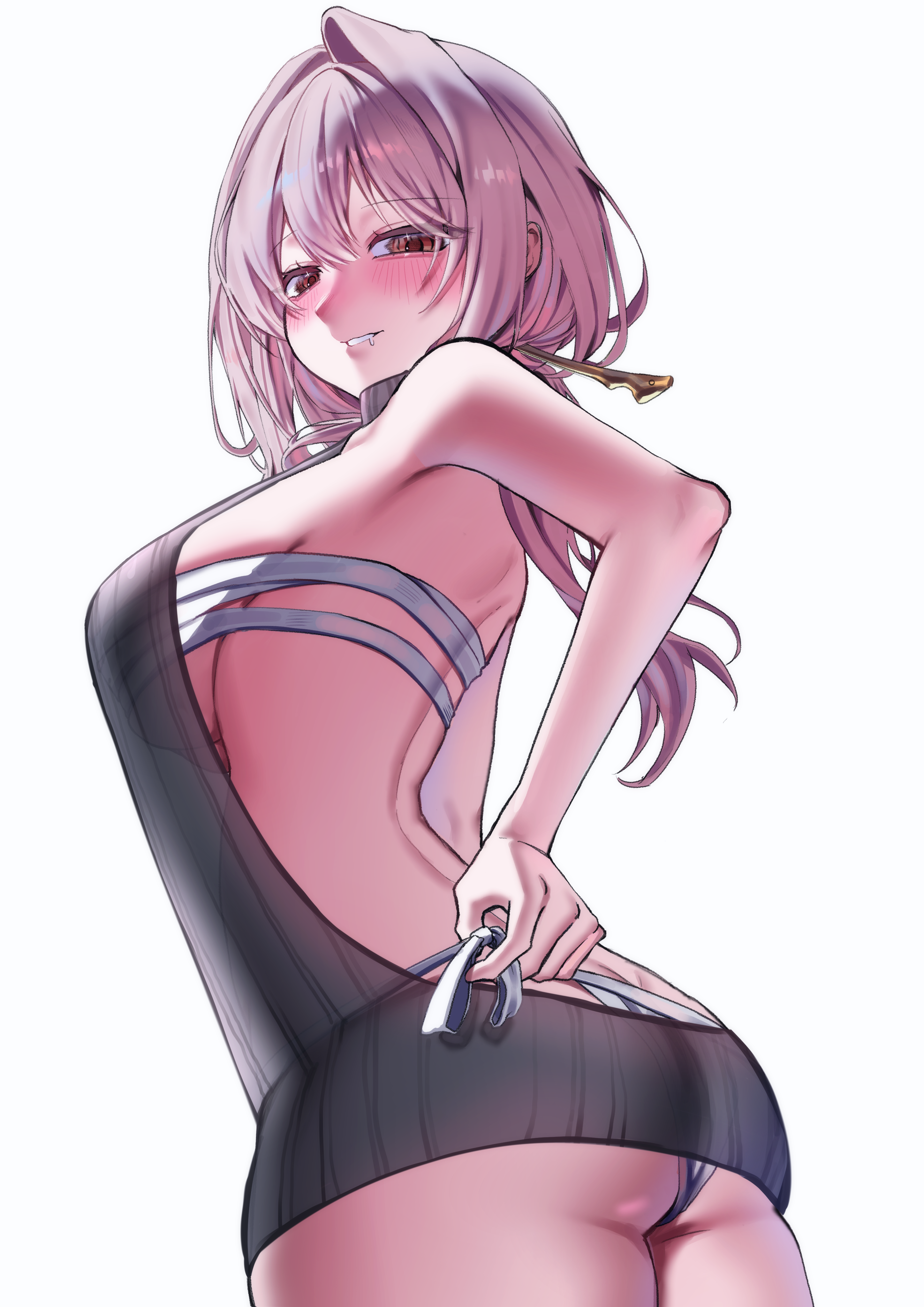 mimu (cyus7328), scarlet (nikke), goddess of victory: nikke, absurdres, commentary request, highres, 1girl, ass, back, backless outfit, bare back, blush, breasts, budget sarashi, chest sarashi, dress, drooling, fundoshi, grey hair, japanese clothes, large breasts, long hair, looking at viewer, looking back, open mouth, ribbed sweater, sarashi, sideboob, sleeveless, sleeveless sweater, smile, solo, sweater, sweater dress, turtleneck, turtleneck sweater, virgin killer sweater, yellow eyes