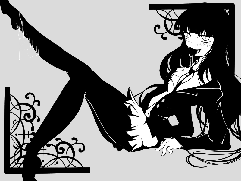 houkago play, black hair, cum, formal clothes, long hair, lying, monochrome, necktie, pantyhose, skirt, suit, yellow eyes