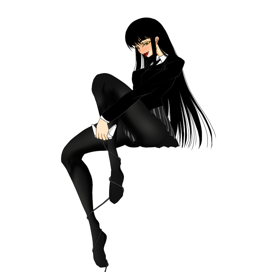 female protagonist (houkago play), houkago play, 1girl, black hair, female focus, long hair, pantyhose, sitting, solo, yellow eyes
