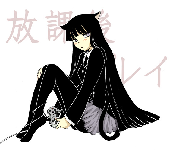 houkago play, animal ears, black hair, cat ears, controller, feet, formal clothes, long hair, necktie, pantyhose, sitting, skirt, suit, yellow eyes