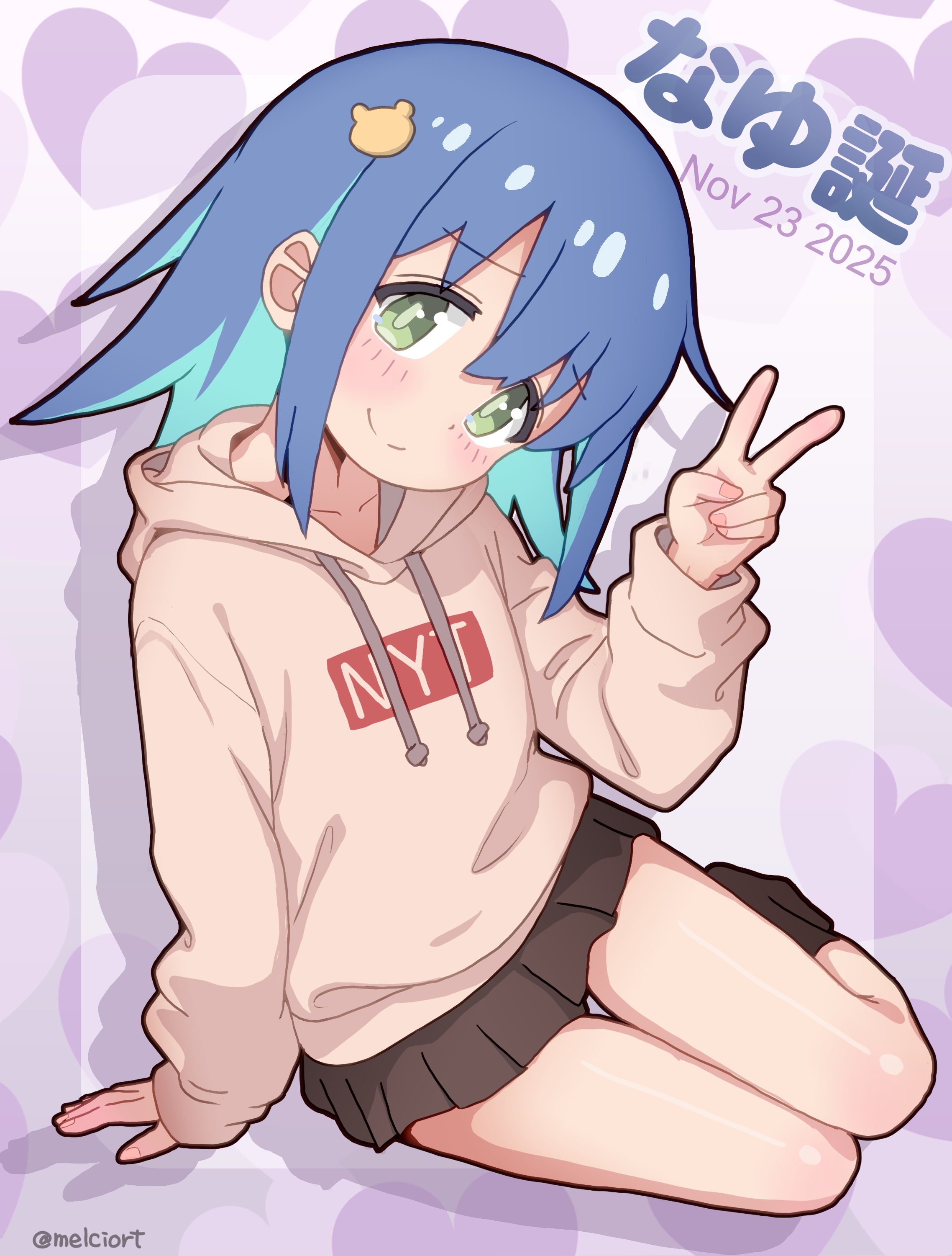 melciort, tenkawa nayuta, onii-chan wa oshimai!, absurdres, commentary, highres, 1girl, aqua hair, artist name, bare legs, black skirt, black socks, blue hair, colored inner hair, dated, drawstring, full body, green eyes, hair between eyes, hair ornament, hairclip, head tilt, heart, heart background, hood, hood down, light blush, long hair, long sleeves, looking at viewer, miniskirt, multicolored hair, pleated skirt, simple background, sitting, skirt, smile, socks, solo, thigh gap, twitter username, two-tone hair, v, yokozuwari