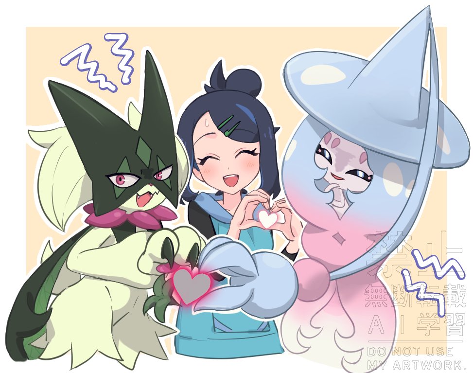 nm222, hatterene, liko (pokemon), meowscarada, nintendo, pokemon, pokemon (anime), pokemon horizons, commentary request, 1girl, black hair, black shirt, blue hoodie, facing viewer, gen 8 pokemon, hair bun, hair ornament, hairclip, heart, heart hands, heart hands duo, hood, hoodie, looking at viewer, open mouth, pokemon (creature), shirt, short hair, sleeveless, sleeveless hoodie, sweatdrop, teeth, upper body, upper teeth only