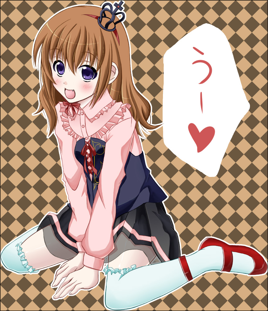 sk (buta), ushiromiya maria, umineko no naku koro ni, 00s, 1girl, blush, board game, chess, fang, female focus, heart, solo, thighhighs, uu~