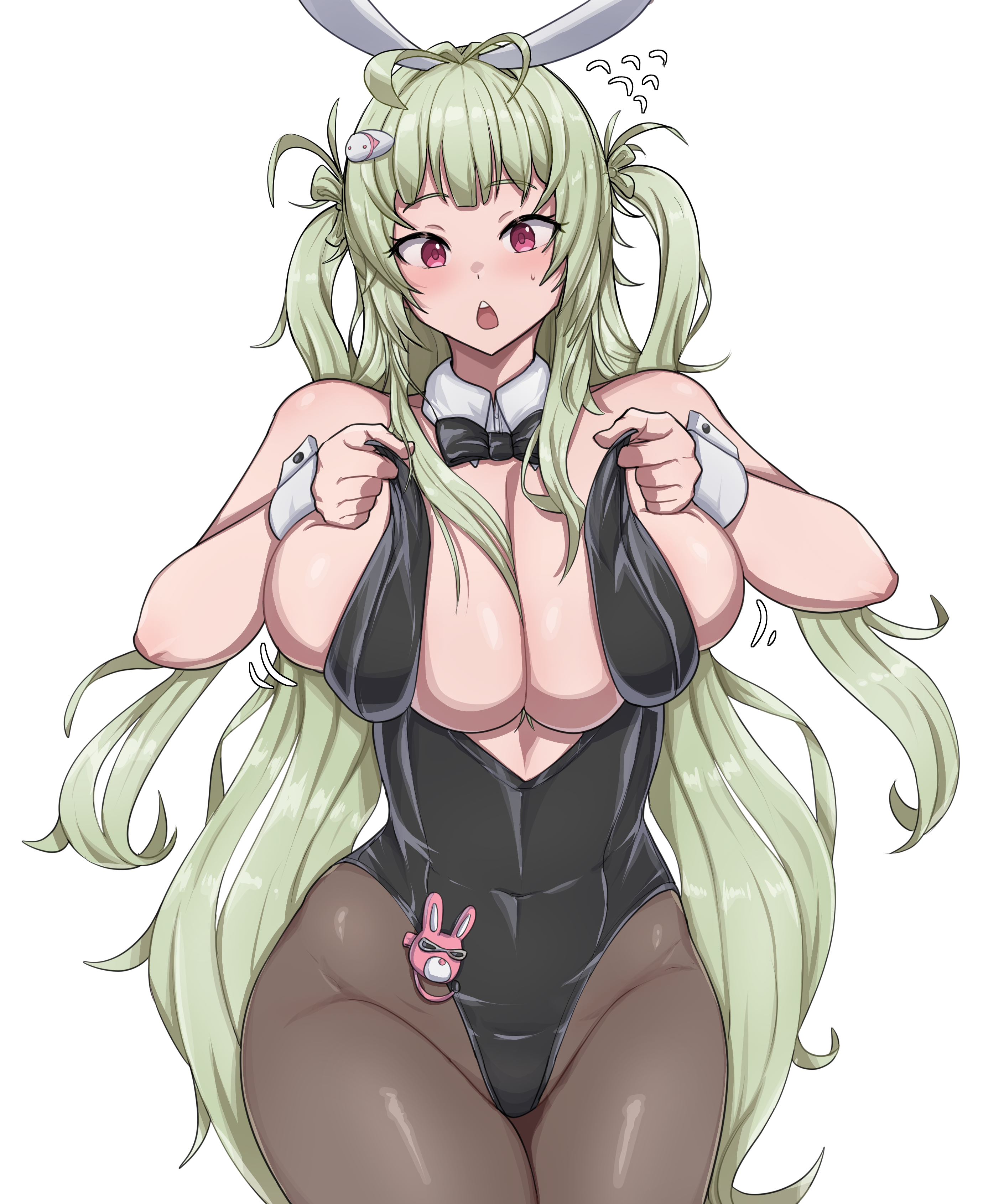 skyhood, soda (nikke), soda (twinkling bunny) (nikke), goddess of victory: nikke, absurdres, commentary request, highres, korean commentary, 1girl, adjusting clothes, adjusting leotard, animal ears, antenna hair, bare arms, bare shoulders, black bow, black bowtie, black leotard, blush, bow, bowtie, breasts, brown pantyhose, cleavage, covered groin, covered navel, cowboy shot, detached collar, fake animal ears, flying sweatdrops, green hair, hair between breasts, hair ornament, hairclip, hands up, highleg, highleg leotard, huge breasts, leotard, long hair, looking at viewer, motion lines, official alternate costume, open mouth, pantyhose, pink eyes, playboy bunny, rabbit ears, sidelocks, simple background, solo, standing, strapless, strapless leotard, sweatdrop, teeth, two side up, undersized breast cup, upper teeth only, very long hair, white background, wrist cuffs