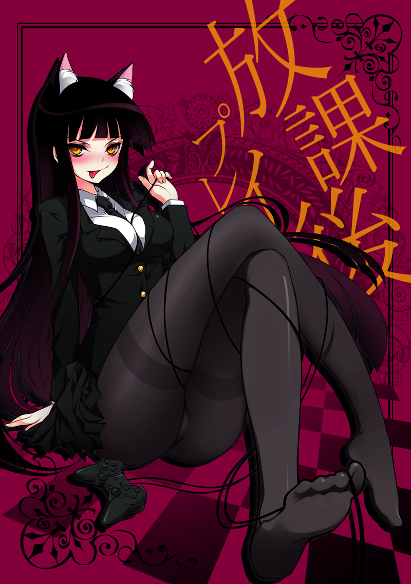female protagonist (houkago play), houkago play, 1girl, animal ears, bed, black hair, cat ears, coat, controller, female focus, long hair, necktie, pantyhose, sitting, skirt, solo, yellow eyes
