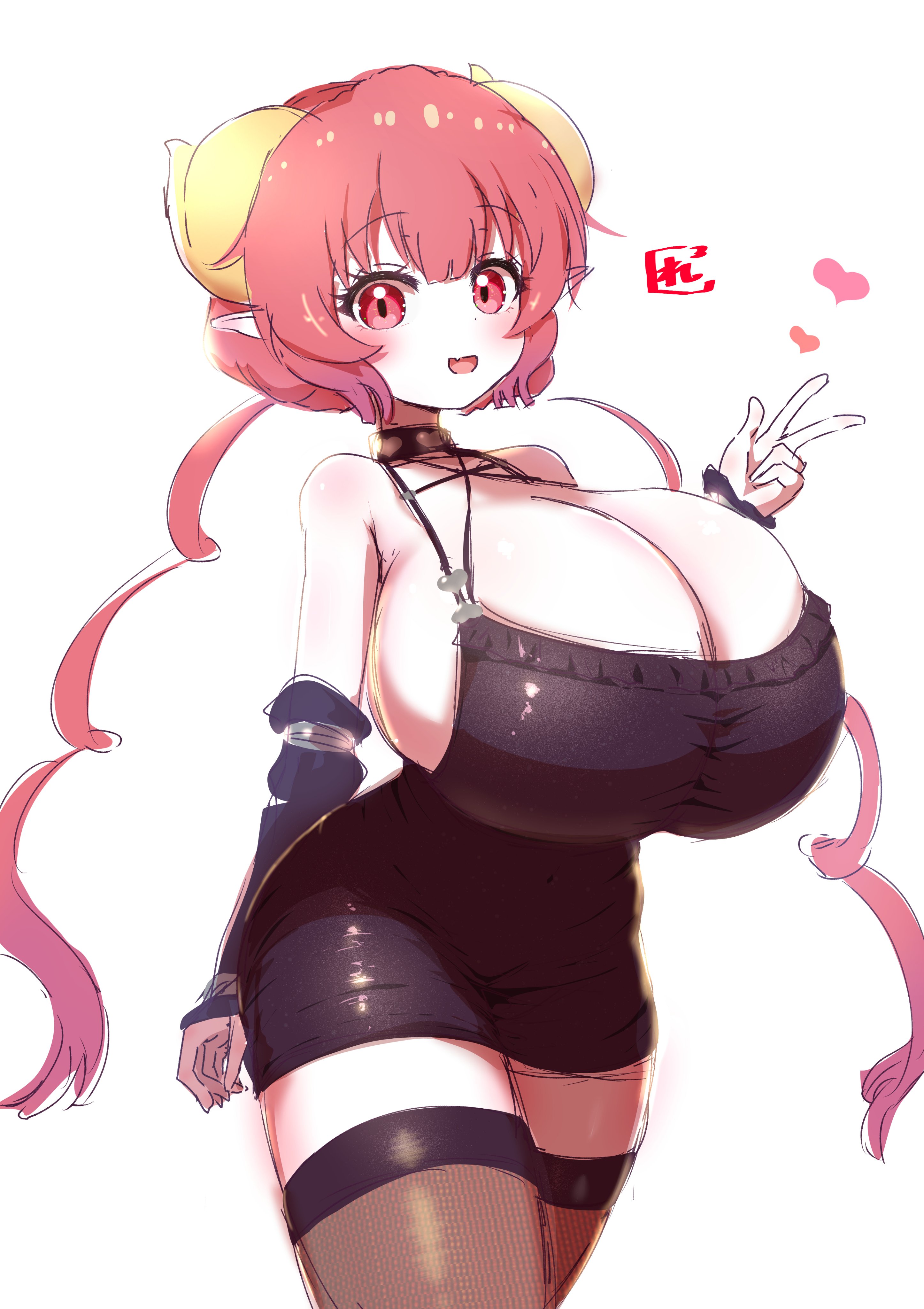 reiwa rerere, ilulu (maidragon), kobayashi-san chi no maidragon, 1girl, black choker, black dress, black sleeves, black thighhighs, breasts, choker, cleavage, covered navel, curled horns, detached sleeves, dragon girl, dragon horns, dress, drill hair, fang, heart, horns, huge breasts, long hair, open mouth, pointy ears, red eyes, red hair, skin fang, sleeveless, sleeveless dress, smile, solo, standing, thighhighs, tight clothes, tight dress, twin drills, v, w, white background, zettai ryouiki
