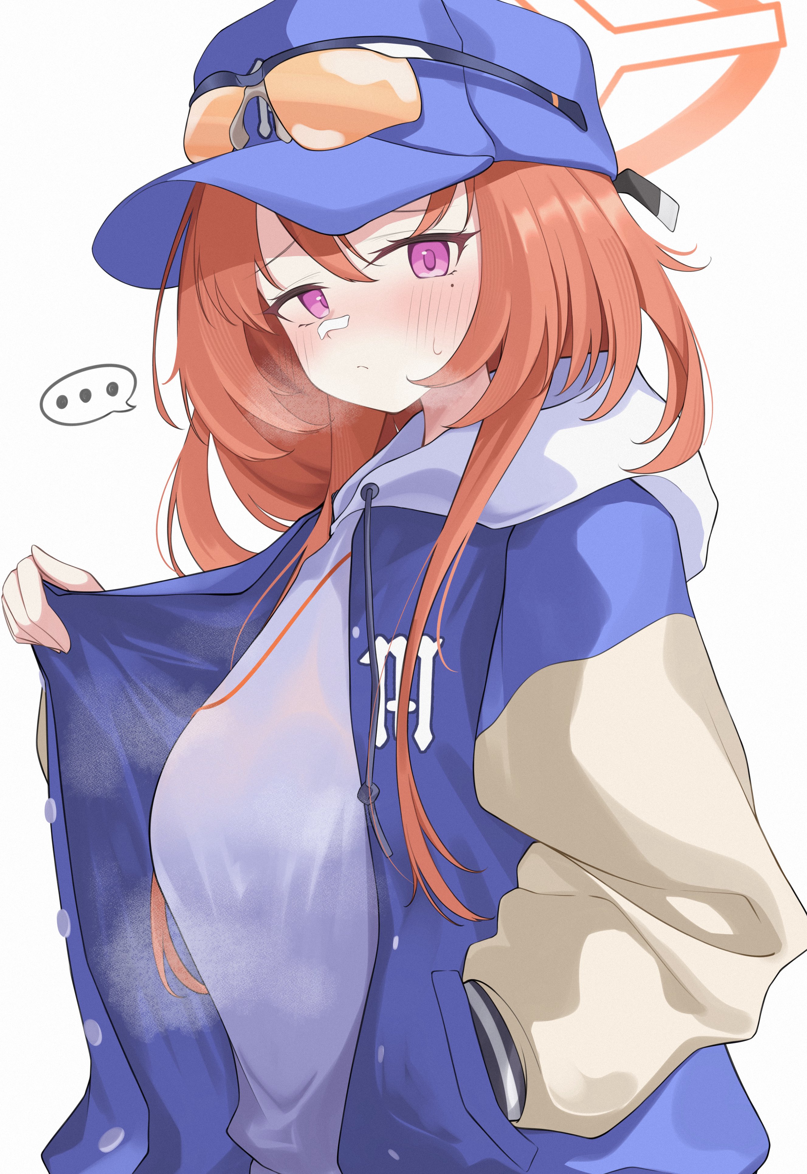 omgrhr, rei (blue archive), blue archive, …, 1girl, bandaid, bandaid on face, bandaid on nose, baseball cap, blue hat, blue jacket, blush, breasts, clothes pull, embarrassed, halo, hand in pocket, hat, hood, hood down, hoodie, jacket, jacket pull, long hair, medium breasts, mole, mole under eye, orange-tinted eyewear, orange hair, pink eyes, shirt, sidelocks, solo, spoken ellipsis, standing, sunglasses, sunglasses on hat, sunglasses on head, tinted eyewear, white background, white shirt