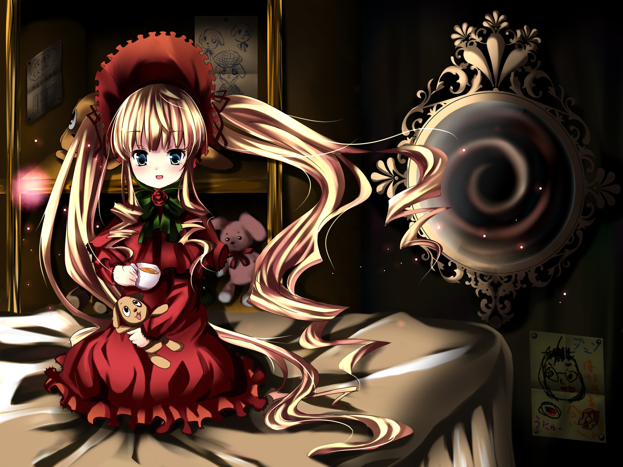 kunkun, shinku, rozen maiden, highres, 00s, blonde hair, blue eyes, bow, dress, long hair, solo, twintails