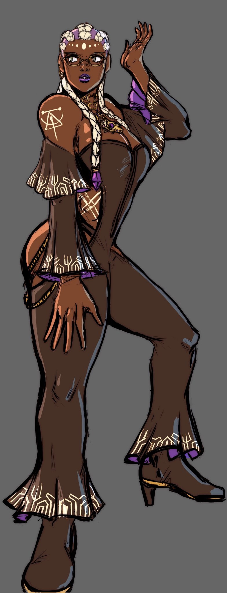 taurence bell, dolores (kof), the king of fighters, 1girl, ass, bodypaint, breasts, curvy, dark-skinned female, dark skin, dress, female focus, glasses, green eyes, huge ass, huge breasts, jewelry, large breasts, long hair, multicolored hair, panties, purple hair, round eyewear, standing, thick lips, thick thighs, thighs, two-tone hair, underwear, white hair