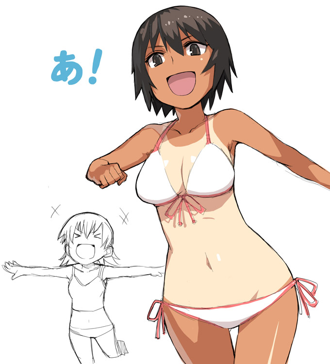 yu 65026, kagura (azumanga daioh), takino tomo, azumanga daiou, > <, 2girls, :d, a (phrase), bikini, breasts, brown eyes, brown hair, cleavage, closed eyes, front-tie top, halterneck, happy, hip focus, large breasts, midriff, multiple girls, navel, one-piece tan, open mouth, outstretched arms, partially colored, running, short hair, side-tie bikini bottom, smile, spread arms, swimsuit, tan, tank top, tankini, tanline, thigh gap, thighs, wide hips, xd