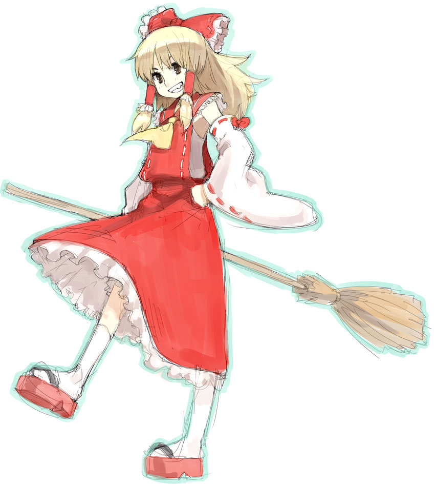 yu 65026, hakurei reimu, kirisame marisa, touhou, 1girl, blonde hair, bow, broom, brown eyes, cosplay, detached sleeves, female focus, grin, hair bow, hair tubes, hakurei reimu (cosplay), hand on own hip, large bow, sandals, sketch, smile, socks, solo, standing, standing on one leg, white socks