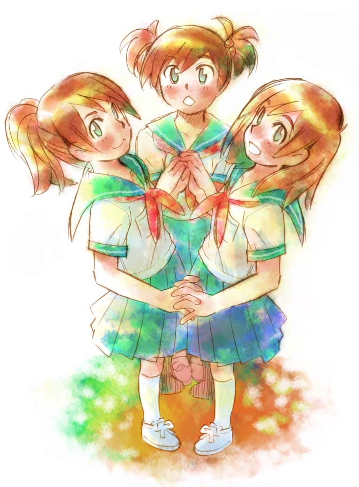 ramb chop, iwasaki ai, iwasaki mai, iwasaki mii, meitantei yumemizu kiyoshirou jiken note, 3girls, family bonding, holding hands, multiple girls, school uniform, serafuku, siblings, sisters, standing, triplets