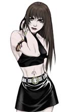 lowres, brown eyes, brown hair, goth fashion, leather, tattoo