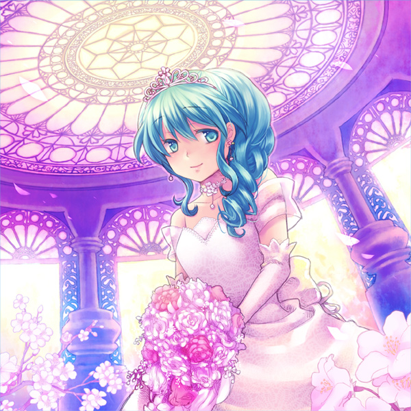 moc, hatsune miku, vocaloid, bad id, bad pixiv id, alternate hairstyle, aqua eyes, aqua hair, bouquet, bride, cherry blossoms, choker, curly hair, dress, earrings, elbow gloves, flower, gloves, jewelry, necklace, rose, smile, solo, tiara, wedding dress