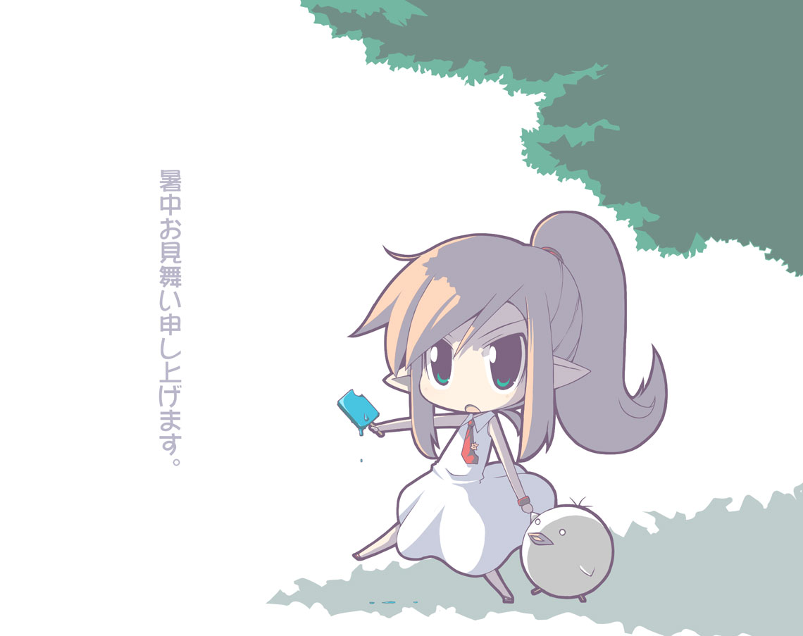 crazy developers, original, bad id, bad pixiv id, translation request, baby animal, bird, chibi, chick, food, green eyes, long hair, pointy ears, ponytail, popsicle, shochuumimai, solo