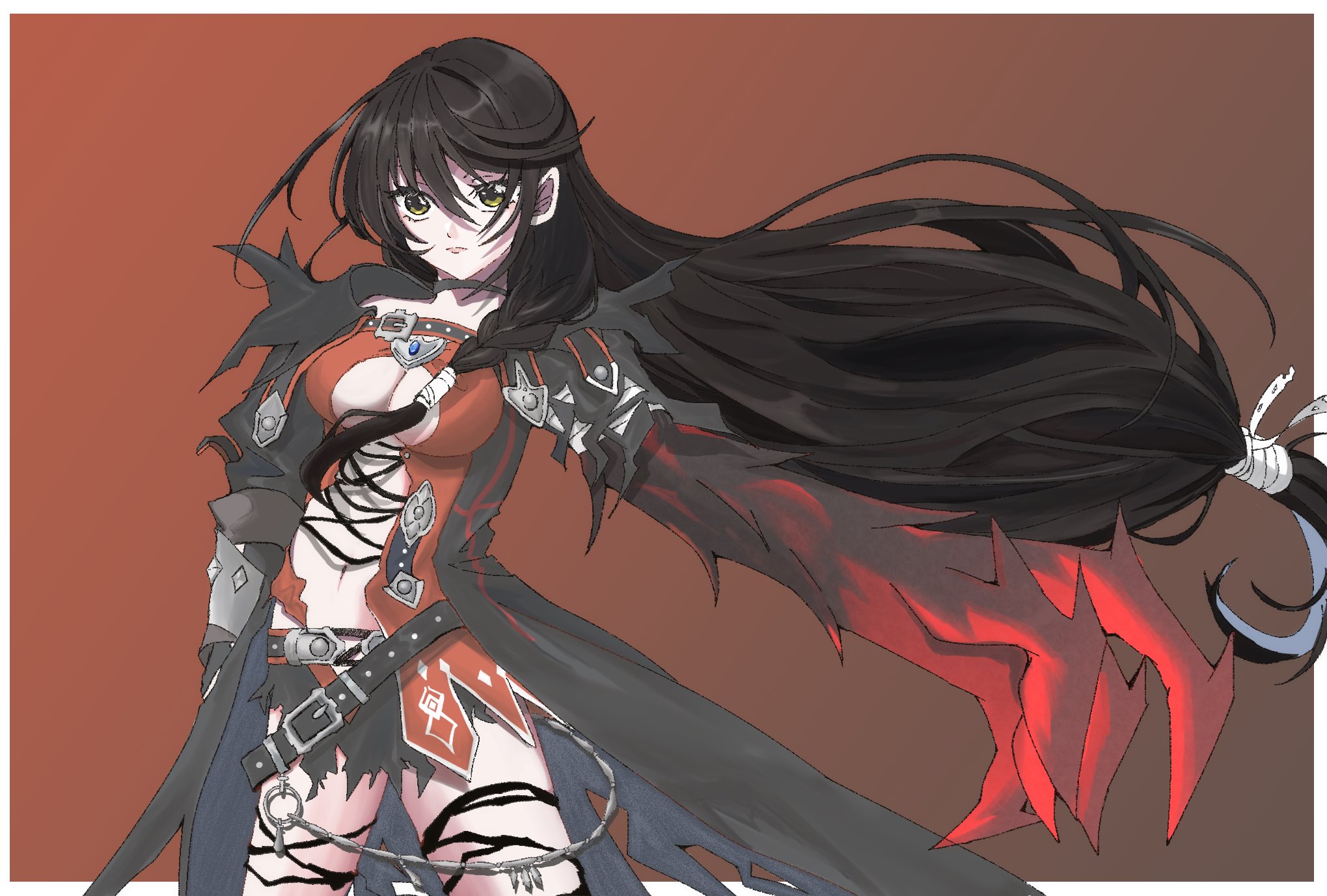youki toa, velvet crowe, tales of (series), tales of berseria, commentary request, highres, 1girl, bandaged arm, bandages, black choker, black hair, breasts, choker, cleavage, collarbone, hair between eyes, long hair, looking at viewer, medium breasts, navel, simple background, smile, solo, torn clothes, very long hair, yellow eyes