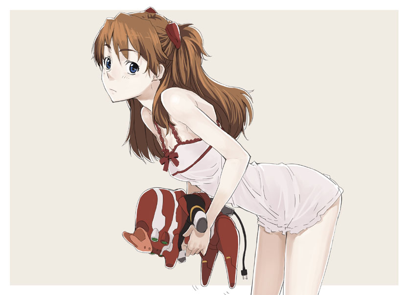 mura (kanojo no oukoku), eva 02, souryuu asuka langley, evangelion: 2.0 you can (not) advance, neon genesis evangelion, rebuild of evangelion, beige background, 00s, 1girl, :|, bare shoulders, blue eyes, blush, bow, breasts, brown hair, cable, camisole, chemise, chibi, cleavage, closed mouth, cowboy shot, electric plug, frills, from side, hair ornament, hair over shoulder, holding, lace, leaning forward, lingerie, long hair, looking at viewer, mecha, motion lines, outside border, red bow, ribbon, robot, simple background, small breasts, stuffed toy, twintails, two side up, underwear, underwear only