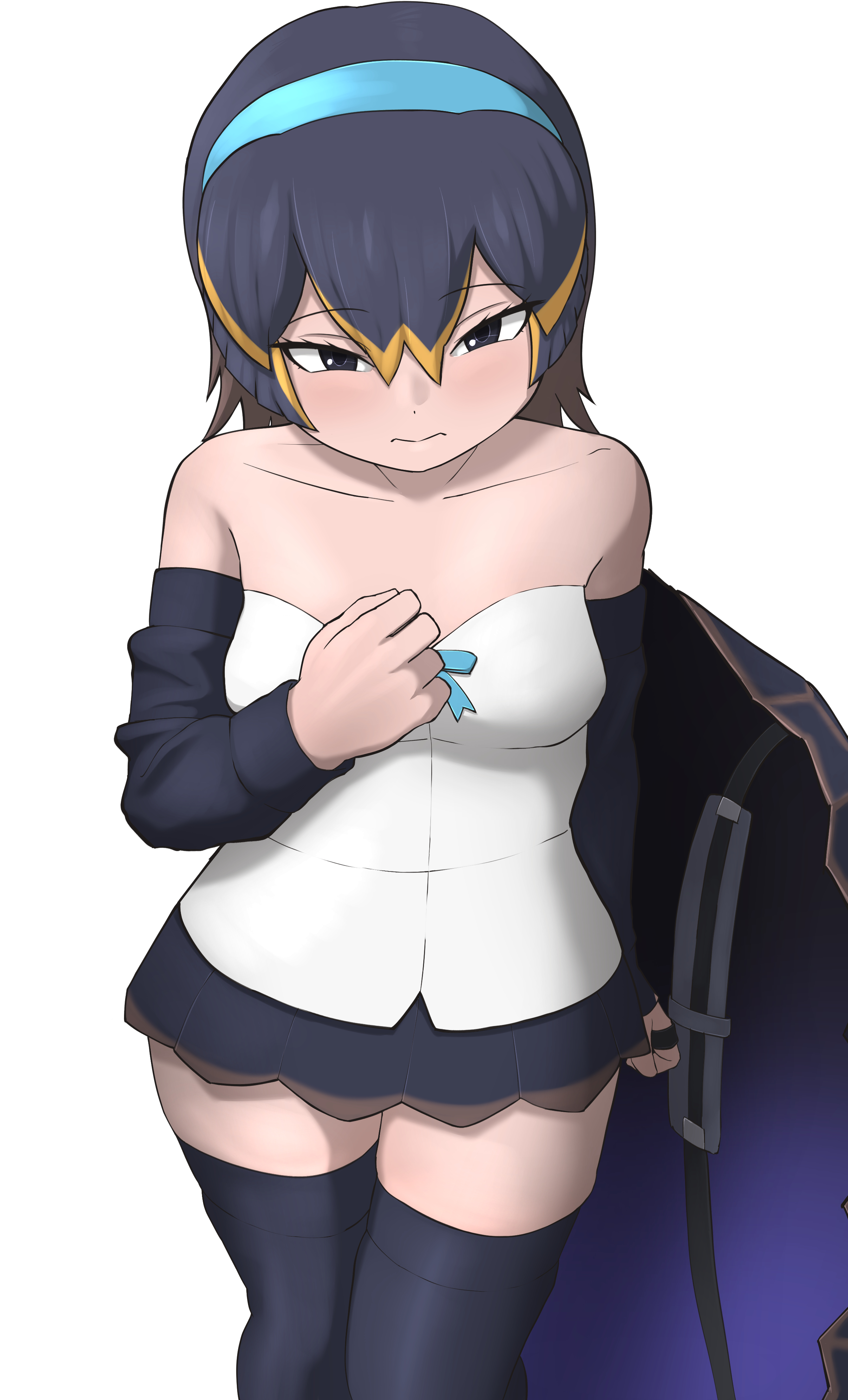 rest in muni, eastern santa cruz giant tortoise (kemono friends), kemono friends, absurdres, commentary request, highres, 1girl, bare shoulders, black eyes, black hair, black skirt, black sleeves, black thighhighs, blonde hair, blue hairband, blush, brown hair, cowboy shot, detached sleeves, hair between eyes, hairband, looking at viewer, multicolored hair, pleated skirt, reptile girl, shirt, short hair, sidelocks, skirt, solo, thighhighs, turtle girl, turtle shell, white shirt, zettai ryouiki