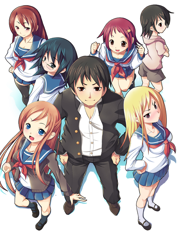 koflif, kitahara aya, kurosawa kakeru, kurosawa no imouto, naito kyoko, naitou kyouko, nishimoto erika, sugawa maiko, takigawa magister, takigawa magisuteru, onanie master kurosawa, bad id, bad pixiv id, 1boy, 6+girls, brother and sister, crossed arms, everyone, gakuran, glasses, hands on own hips, harem, long sleeves, multiple girls, school uniform, serafuku, shoes, siblings, thighhighs, unbuttoned