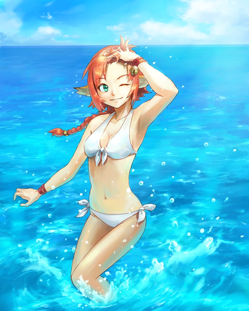 iceojin, original, bad id, bad pixiv id, 1girl, animal ears, armpits, bikini, braid, day, female focus, front-tie top, green eyes, grin, hand in own hair, ocean, one eye closed, orange hair, side-tie bikini bottom, single braid, smile, solo, swimsuit, wading, water, white bikini, wince, wink