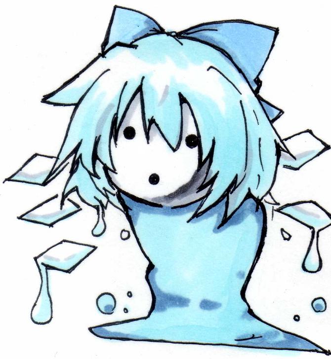 arakune, cirno, arc system works, blazblue, blazblue: calamity trigger, embodiment of scarlet devil, touhou, traditional media, 1girl, blue hair, bow, crossover, female focus, fusion, ice, monster, parody, short hair, slime (substance), solo, wings