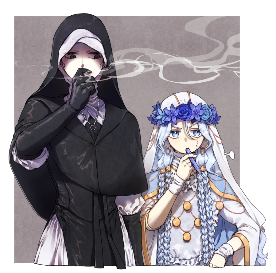 donar0217, revenant (elden ring), undertaker (elden ring), elden ring, elden ring nightreign, commentary request, korean commentary, 2girls, black capelet, blood, blood on face, blue eyes, braid, capelet, doll joints, dress, flower wreath, gloves, head wreath, holding, hood, jewelry, joints, long hair, low twin braids, multiple girls, necklace, nun, smoking, twin braids, veil, white dress, white hair, white veil
