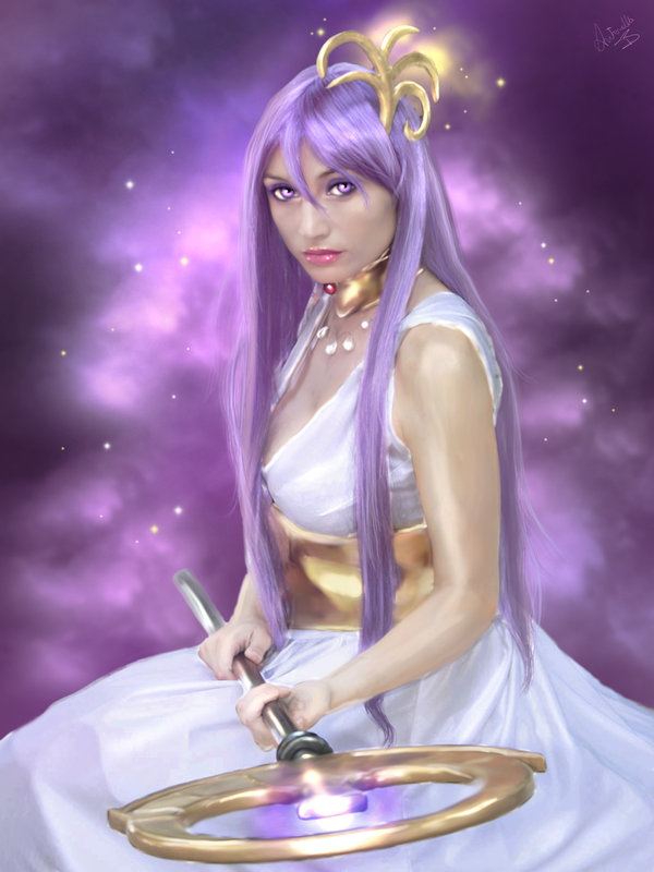 athena, kido saori, saint seiya, 1girl, choker, dress, female focus, jewelry, lipstick, long hair, lots of jewelry, makeup, necklace, purple eyes, purple hair, realistic, sitting, solo, staff, very long hair