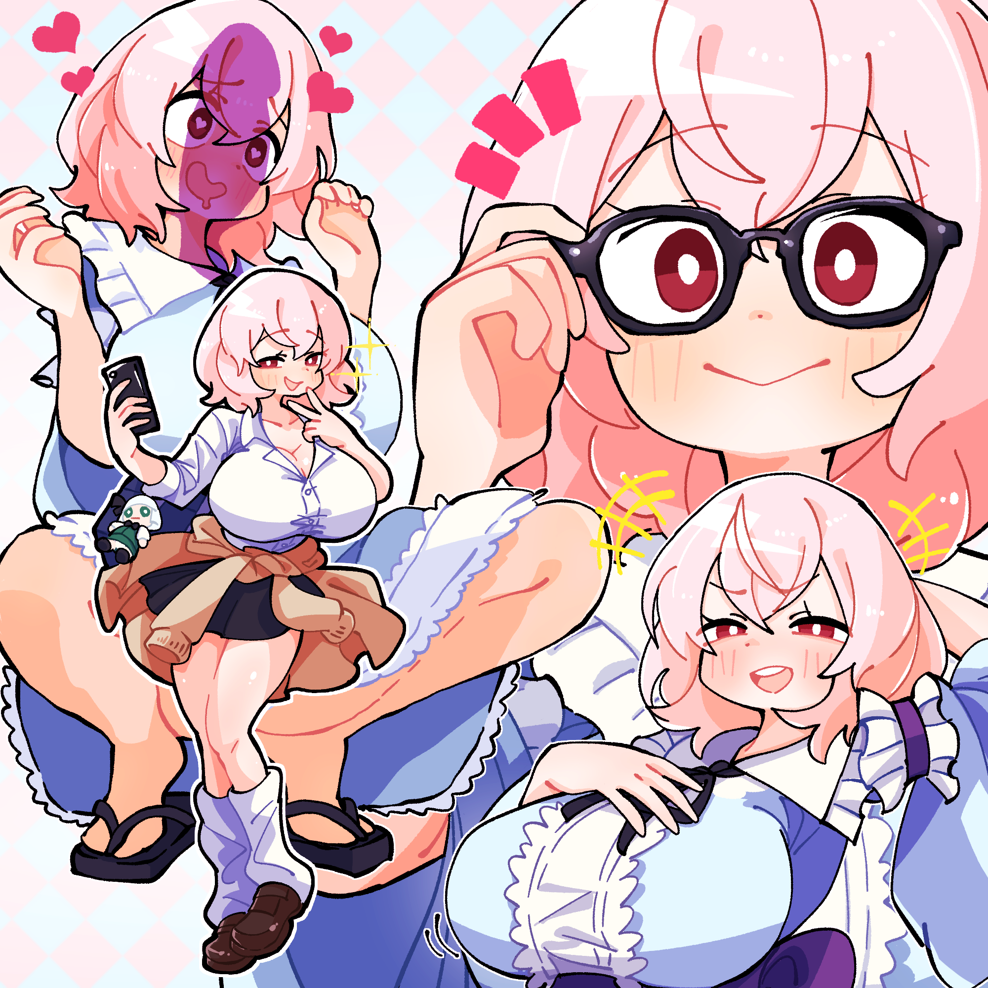 gram 9, saigyouji yuyuko, touhou, commentary, highres, 1girl, alternate costume, black sandals, black skirt, blue kimono, blush, breasts, bright pupils, brown shoes, cleavage, closed mouth, convenient censoring, drooling, full body, glasses, heart, heart-shaped pupils, holding, holding phone, japanese clothes, kimono, large breasts, legs, looking at viewer, loose socks, medium hair, no headwear, no socks, parted lips, penis awe, penis shadow, phone, pink eyes, pink hair, sandals, shirt, shoes, skirt, smile, socks, squatting, symbol-shaped pupils, thighs, upper body, v, variations, white pupils, white shirt