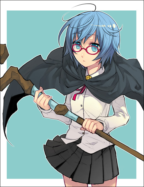 yoshiaya, tabitha (zero no tsukaima), zero no tsukaima, bad id, bad pixiv id, 00s, 1girl, bare legs, blue background, blue eyes, blue hair, cape, female focus, glasses, matching hair/eyes, pentacle, short hair, simple background, skirt, solo, staff