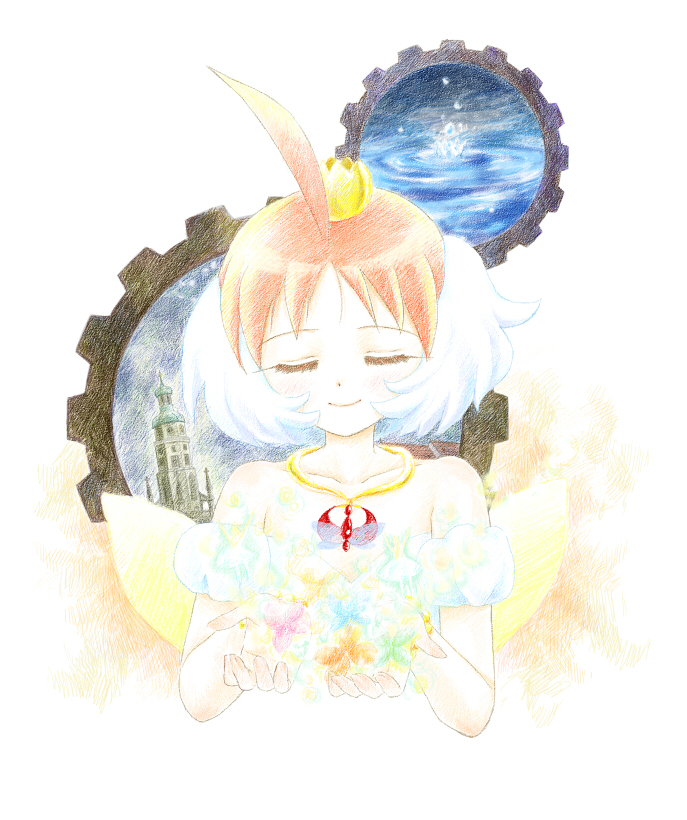 nijimasu, ahiru (princess tutu), princess tutu (character), princess tutu, 00s, ahoge, ballerina, closed eyes, gears, multicolored hair, solo, tutu, two-tone hair