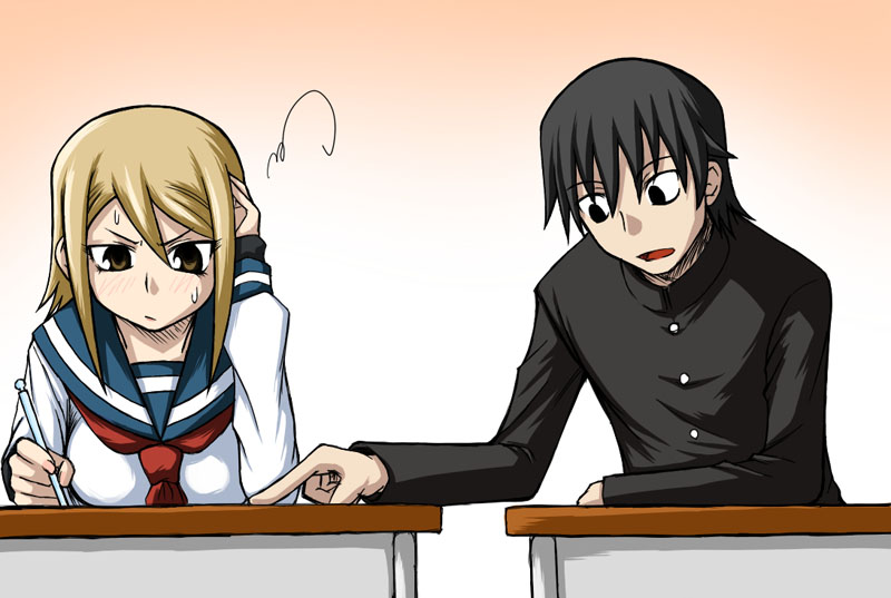 okota1869, kurosawa kakeru, sugawa maiko, onanie master kurosawa, 1boy, 1girl, black eyes, black hair, brown eyes, brown hair, desk, gakuran, pen, pointing, school desk, school uniform, serafuku, studying, sweatdrop