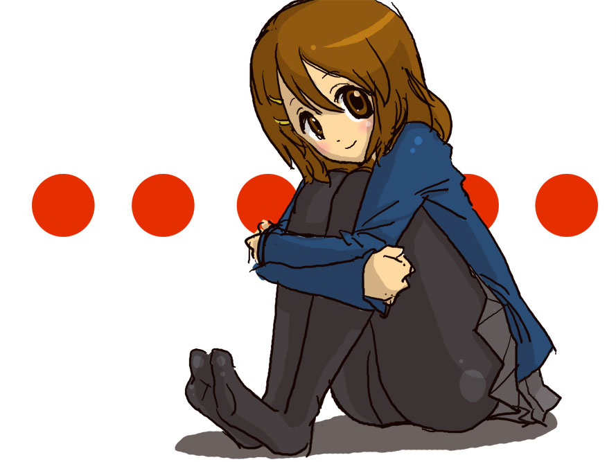 hirasawa yui, k-on!, 00s, brown eyes, brown hair, feet, jacket, pantyhose, sitting, skirt
