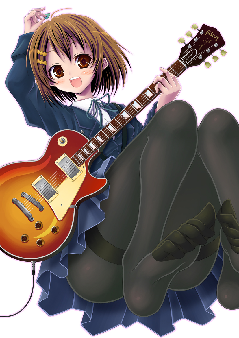 subarist (pixiv), yasuzumi haruto, hirasawa yui, k-on!, bad id, bad pixiv id, 00s, 1girl, brown eyes, brown hair, coat, electric guitar, feet, female focus, foot focus, gibson les paul, guitar, hair ornament, hairclip, instrument, necktie, pantyhose, school uniform, short hair, sitting, skirt, soles, solo, thighband pantyhose, toes