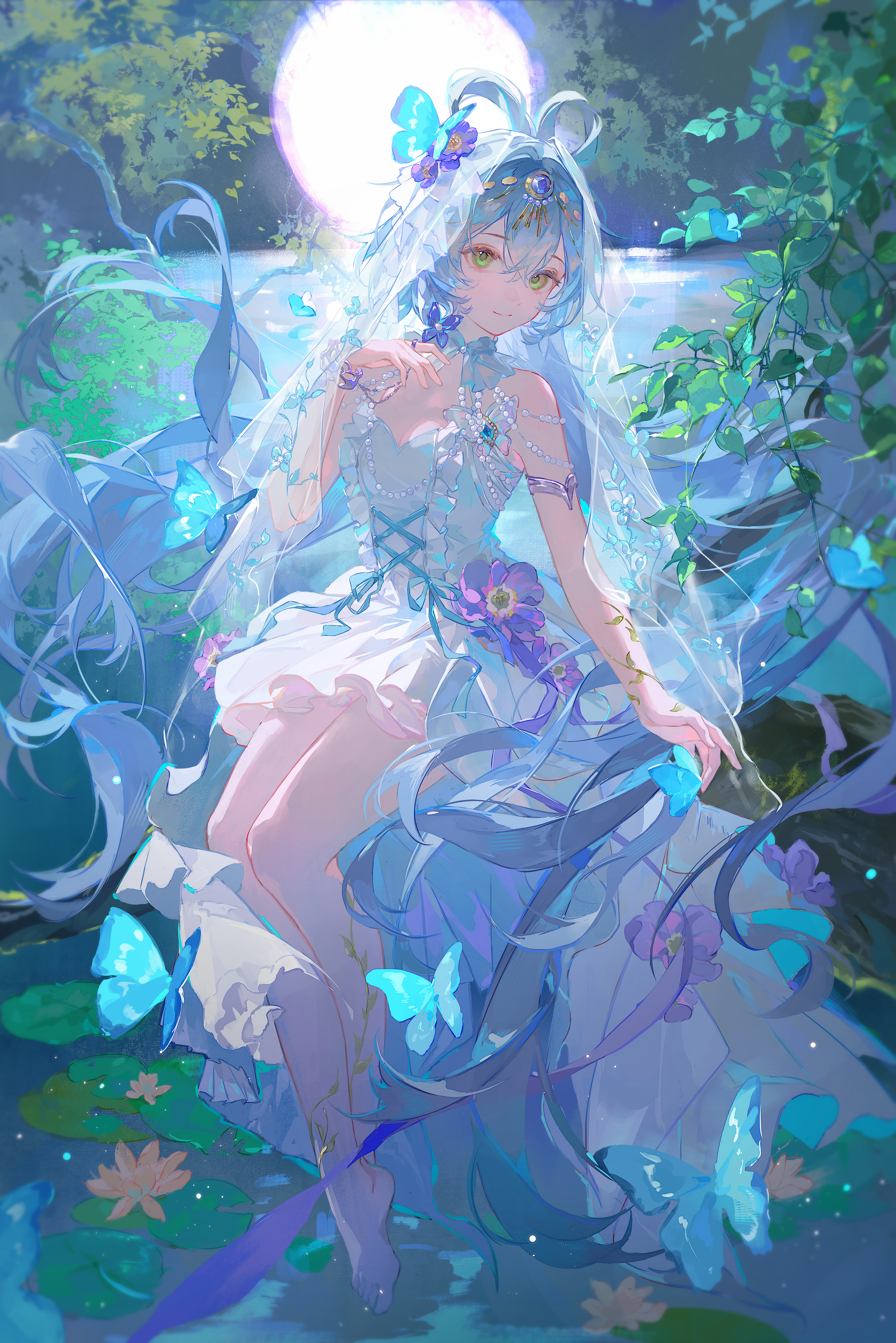 original, absurdres, highres, 1girl, armlet, barefoot, blue butterfly, blue flower, blue ribbon, bracelet, branch, bug, butterfly, choker, closed mouth, crossed bangs, dingding zi, dress, eyelashes, floating hair, flower, frills, full body, full moon, gem, gem hair ornament, green eyes, hair between eyes, hair flower, hair intakes, hair ornament, insect, jewelry, leaf, lily pad, long hair, looking at viewer, lotus, makeup, moon, night, night sky, outdoors, pearl (gemstone), pink flower, purple flower, purple gemstone, ribbon, ring, rouge (makeup), sidelocks, sitting, sky, smile, solo, strapless, strapless dress, veil, very long hair, water, white choker, white dress, white hair, white veil, wind