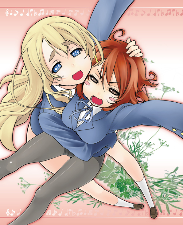 mak, hirasawa yui, kotobuki tsumugi, k-on!, eyebrows, bad id, bad pixiv id, + +, 00s, 2girls, black pantyhose, blonde hair, blue eyes, blush stickers, brown eyes, brown hair, crotch seam, flower, hair ornament, hairclip, headpat, hug, jacket, long hair, multiple girls, musical note, open mouth, panties, panties under pantyhose, pantyhose, red hair, school uniform, underwear