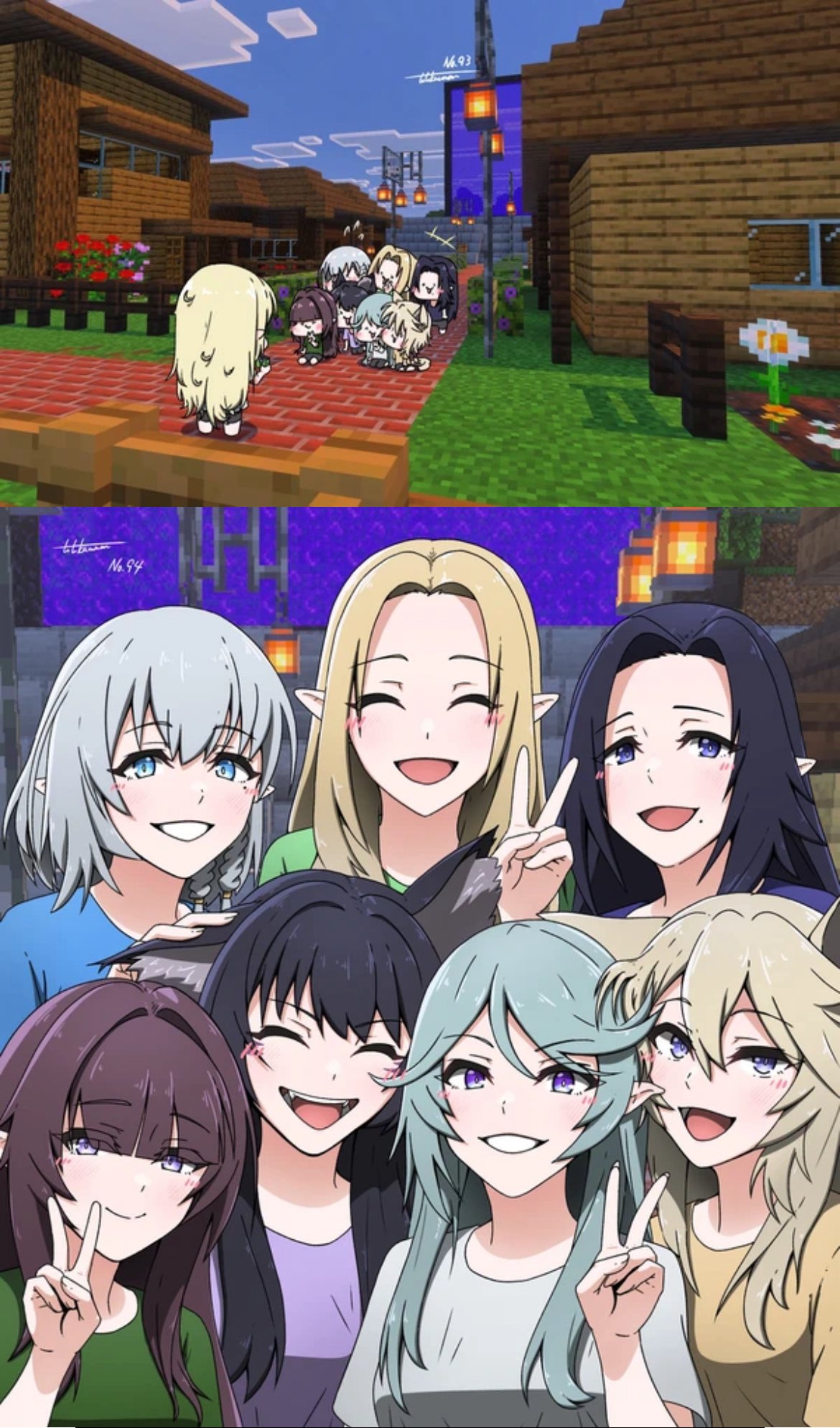 alpha (kagejitsu), beta (kagejitsu), delta (kagejitsu), epsilon (kagejitsu), eta (kagejitsu), gamma (kagejitsu), zeta (kagejitsu), kage no jitsuryokusha ni naritakute!, minecraft, commentary request, highres, 6+girls, animal ears, blush, cat ears, closed eyes, elf, long hair, looking at viewer, mole, mole under mouth, multiple girls, open mouth, pointy ears, shirt, short hair, smile, standing, t-shirt, tatakauman, wolf ears