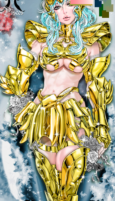 pisces aphrodite, saint seiya, gender request, 1girl, armor, blue hair, female focus, flower, genderswap, gold armor, grey eyes, long hair, rose, solo