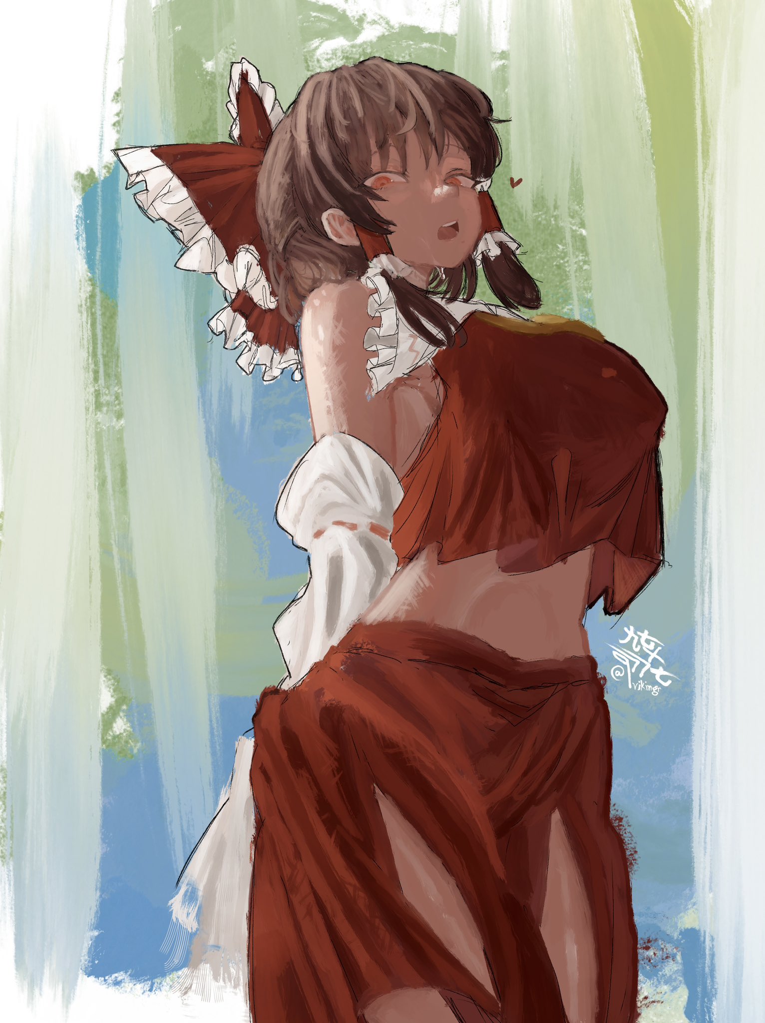 hakurei reimu, touhou, commentary, highres, 1girl, arms behind back, bare shoulders, bow, breasts, brown hair, detached sleeves, hair tubes, heart, large breasts, looking at viewer, medium hair, midriff, orange eyes, parted lips, qvikingr, red bow, red shirt, red skirt, shirt, signature, skirt, sleeveless, sleeveless shirt, solo, sweatdrop, twitter username, upper body