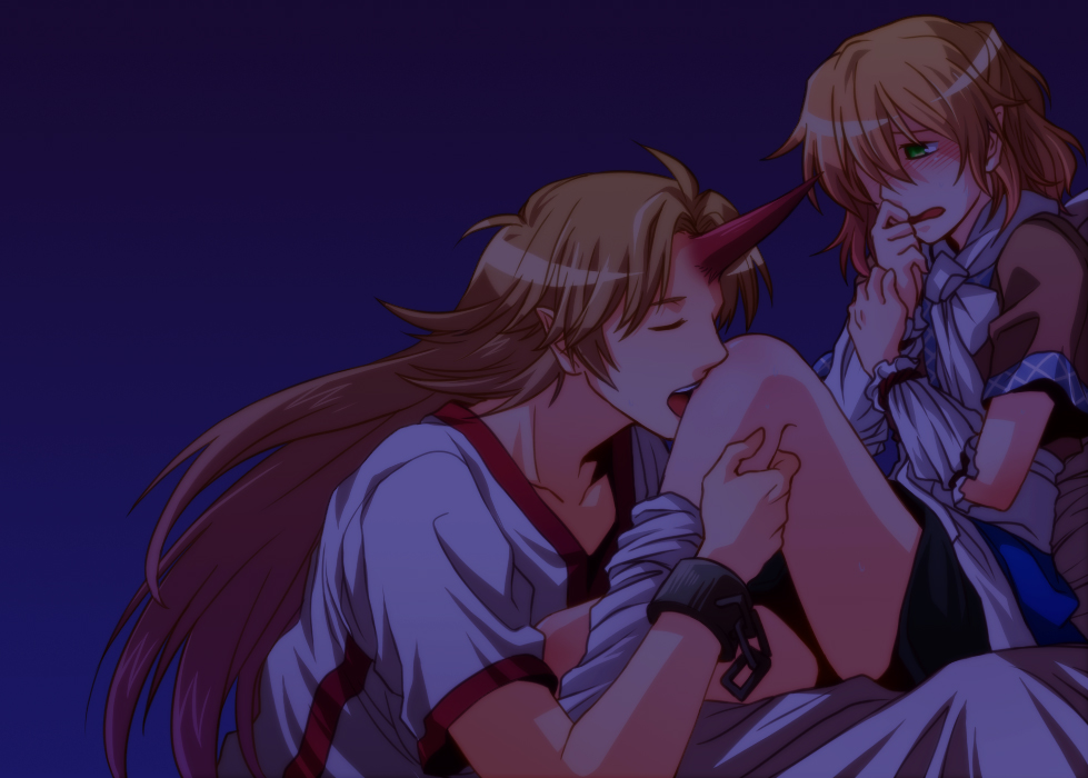 re ghotion, hoshiguma yuugi, mizuhashi parsee, touhou, bad id, bad pixiv id, 2girls, arm warmers, blonde hair, blush, chain, closed eyes, female focus, green eyes, horns, licking, licking leg, long hair, multiple girls, pointy ears, scarf, short hair, single horn, yuri