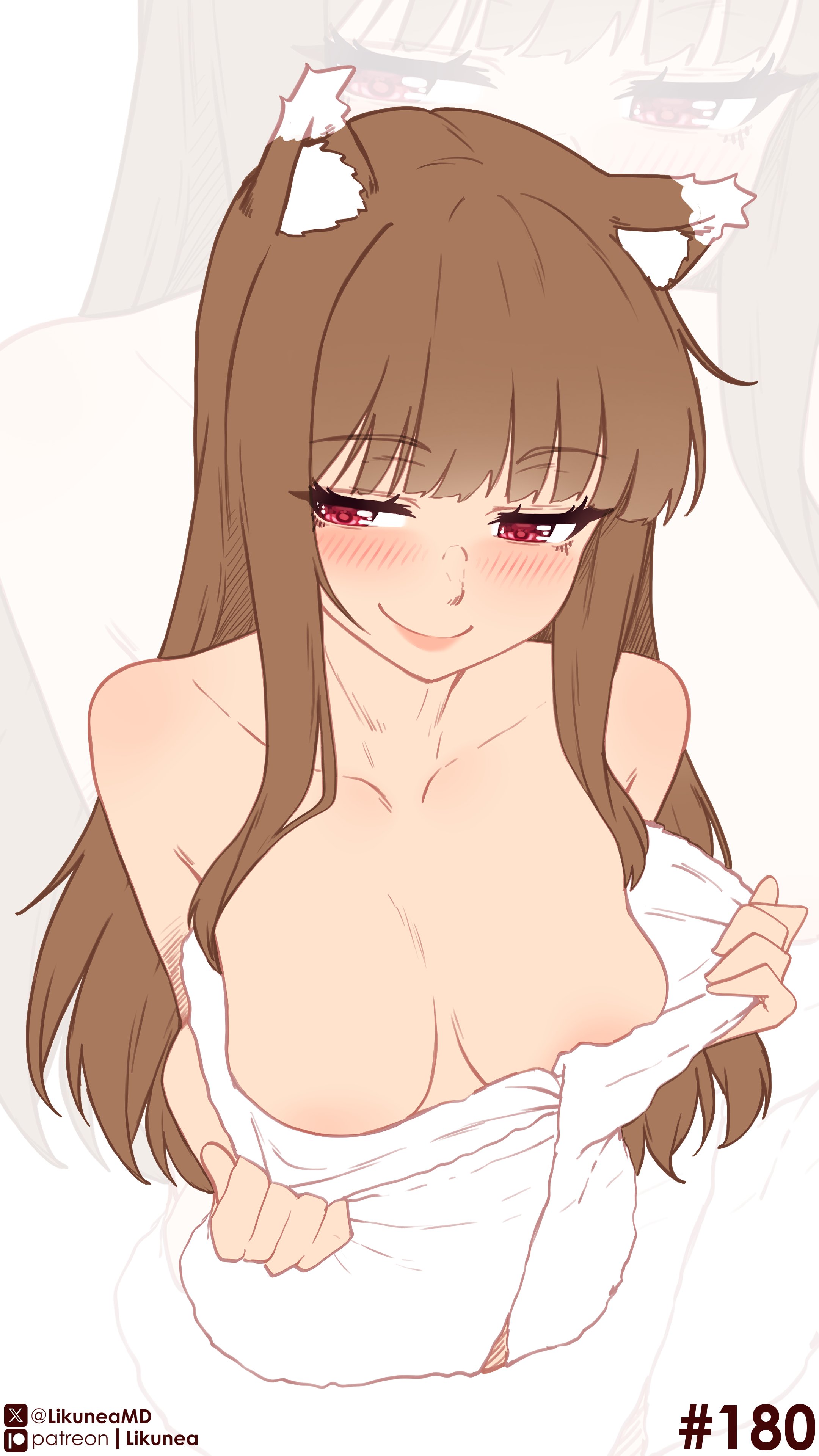 likunea, holo, spice and wolf, absurdres, commentary, english commentary, highres, 1girl, animal ears, areola slip, bare shoulders, blush, breasts, brown hair, cleavage, closed mouth, collarbone, fang, long hair, looking to the side, naked towel, patreon logo, patreon username, simple background, smile, solo, towel, twitter username, twitter x logo, wolf ears, wolf girl, zoom layer