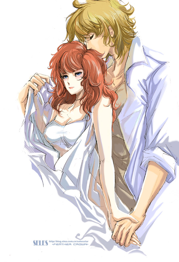 eagle marin, leo aiolia, saint seiya, 1boy, 1girl, bed, blue eyes, blush, bra, breasts, brown hair, closed eyes, couple, girl on top, hetero, lingerie, lips, lipstick, long hair, makeup, no mask, red hair, short hair, sitting, underwear