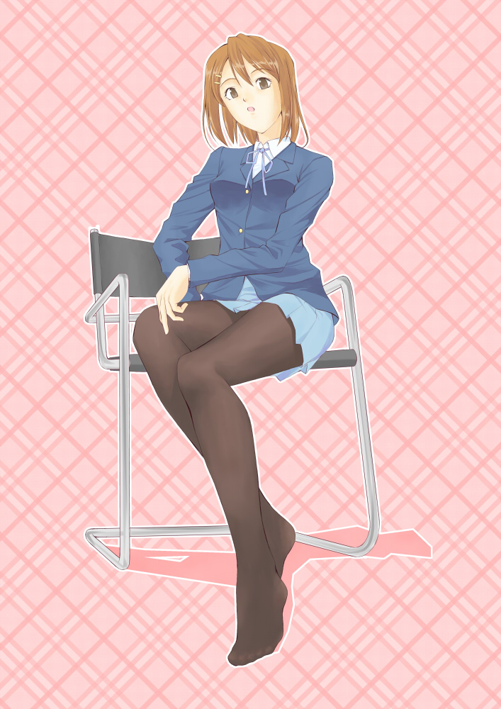 hirasawa yui, k-on!, 00s, chair, feet, hacket, pantyhose, red hair, sitting, skirt