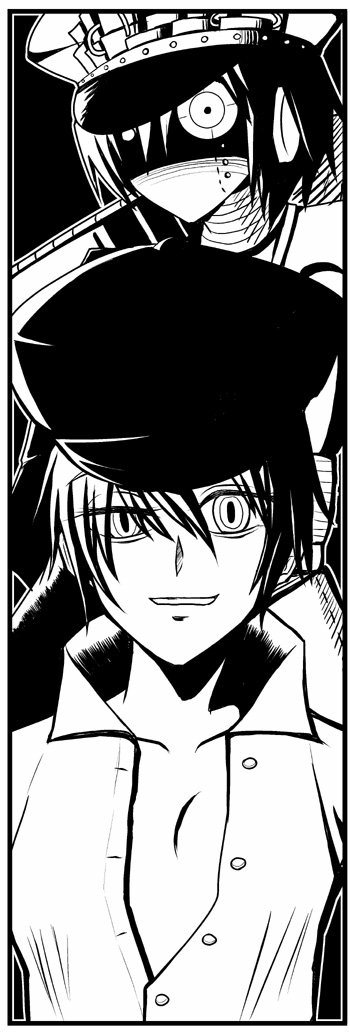 shigure yuu (es-lab), yshigure, shadow (persona), shirogane naoto, atlus, persona, persona 4, long image, tall image, 2girls, crazy eyes, dark persona, dress shirt, dual persona, greyscale, hat, monochrome, multiple girls, newsboy cap, open clothes, open shirt, reverse trap, robot, shirt, short hair