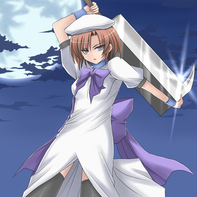 amane hasuhito, ryuuguu rena, higurashi no naku koro ni, bad id, bad pixiv id, 00s, 1girl, billhook, blue eyes, brown hair, dress, female focus, hashitsuki nata, hat, hatchet, moon, nata (tool), short hair, solo, thighhighs