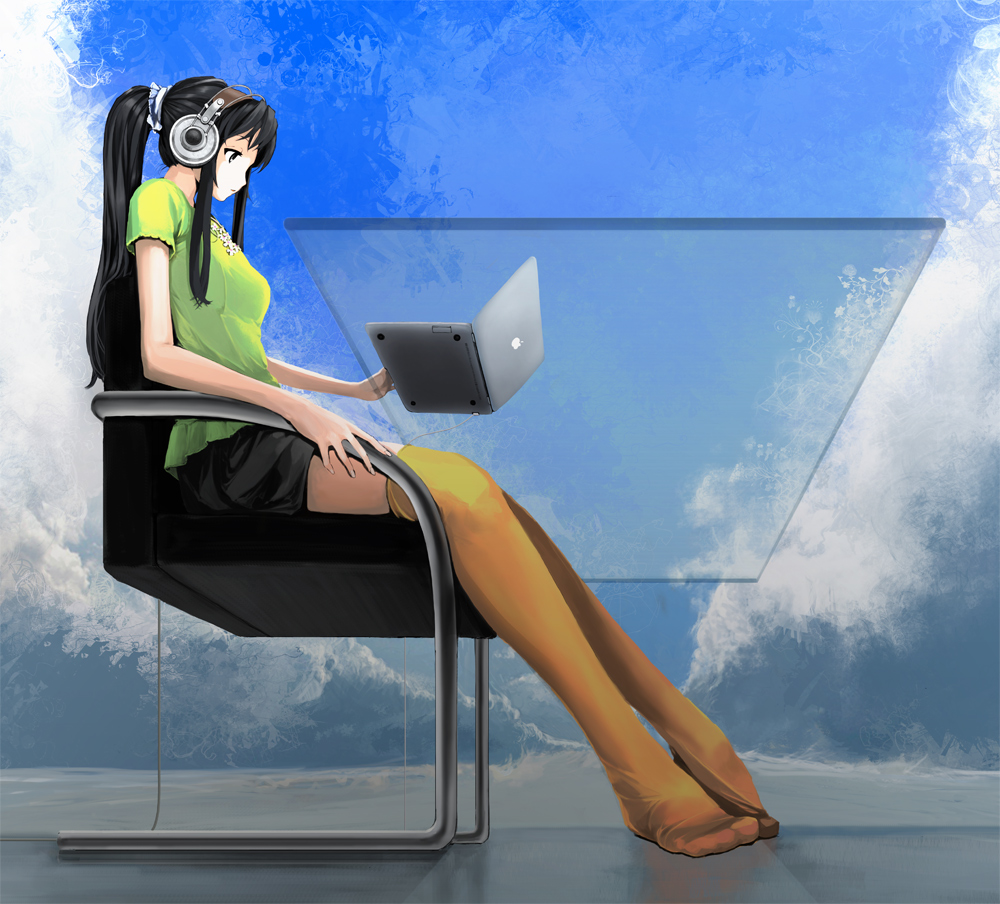 nishinogi, akiyama mio, akg, apple inc., k-on!, 00s, 1girl, akg k-series headphones, bad anatomy, black hair, brown eyes, casual, computer, feet, female focus, foreshortening, from below, headphones, ibook, laptop, legs, long hair, macintosh, ponytail, product placement, solo, table, thighhighs, transparent, yellow thighhighs