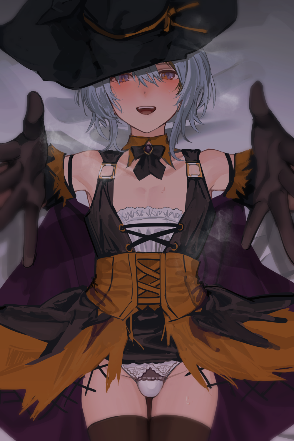 sunaba (nczd5875), original, commentary request, highres, bare shoulders, blue hair, blush, bow, brown hair, bulge, corset, crossdressing, crossdressing (mtf), half-closed eyes, halloween costume, hat, looking at viewer, male focus, on bed, open mouth, outstretched hand, panties, panty bulge, purple eyes, smile, steam, trap, underwear, wig, witch hat