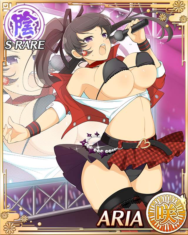 aria (senran kagura), senran kagura, senran kagura new wave, game cg, official art, 1girl, audience, black bra, black hair, black panties, black ribbon, black skirt, black thighhighs, border, bra, breasts, card (medium), character name, cleavage, crop top, english text, glowstick, hair ribbon, high side ponytail, lace, lace bra, large breasts, long hair, microphone, multicolored skirt, navel, official alternate costume, panties, pleated skirt, purple eyes, red skirt, red vest, ribbon, shirt, skirt, solo, stage, thighhighs, underwear, vest, white shirt, wristband