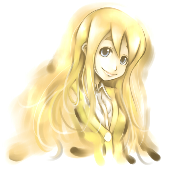 cla, kotobuki tsumugi, k-on!, 00s, 1girl, blonde hair, blue eyes, female focus, long hair, smile, solo, white background