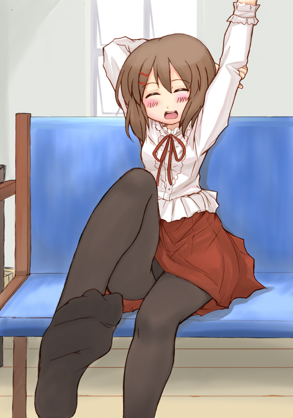 hirasawa yui, k-on!, 00s, 1girl, bench, blush, brown hair, feet, female focus, foot focus, hair ornament, hairclip, indoors, pantyhose, sitting, skirt, solo, stretching